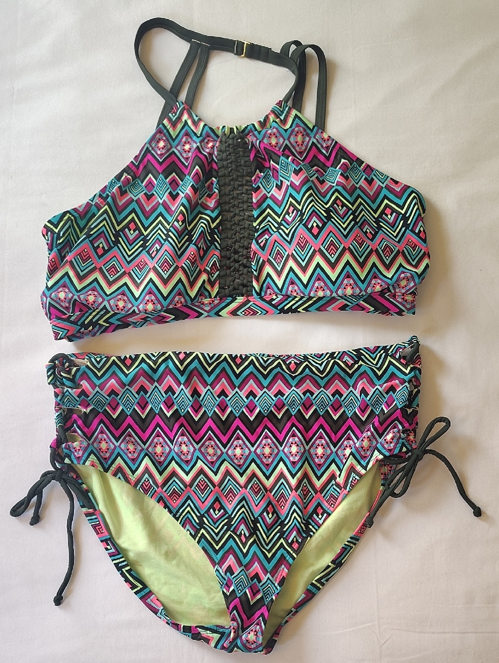 Allure Multicolor Geometric High-Neck Bikini - Pink, Teal, Black High Waisted